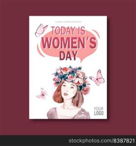 Women day poster design with rose, leaf, dress watercolor illustration 
