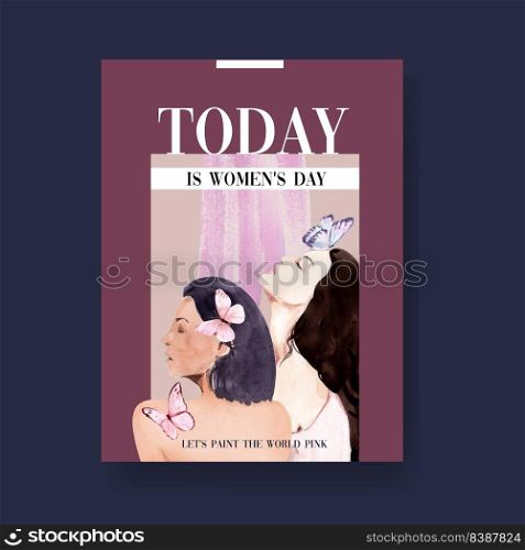 Women day poster design with women, butterfly watercolor illustration 