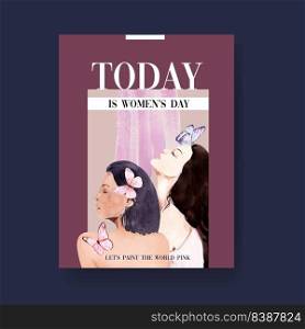 Women day poster design with women, butterfly watercolor illustration 