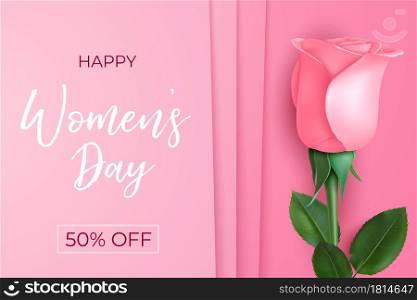 Women day poster. Sale banner, pink rose 8 march background. Mother daughter international holiday, special offer or discount vector illustration. Blossom rose and lettering discount banner. Women day poster. Sale banner, pink rose 8 march background. Mother daughter international holiday, special offer or discount vector illustration