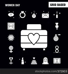 Women Day Solid Glyph Icons Set For Infographics, Mobile UX/UI Kit And Print Design. Include: Bag, Shopping Bag, Love, Valentine, Romantic, Ear Ring, Icon Set - Vector