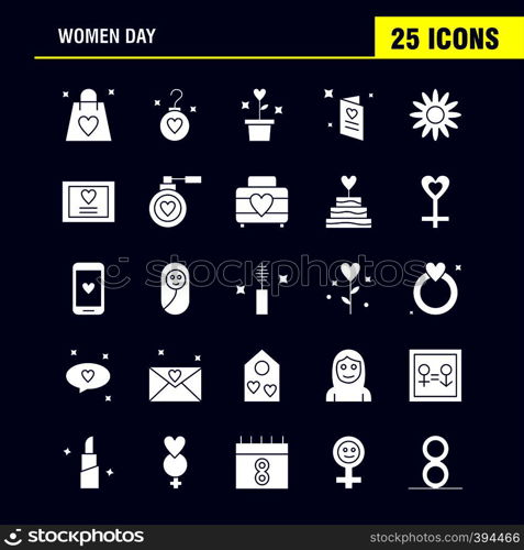 Women Day Solid Glyph Icons Set For Infographics, Mobile UX/UI Kit And Print Design. Include: Bag, Shopping Bag, Love, Valentine, Romantic, Ear Ring, Icon Set - Vector