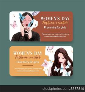 Women day voucher design with butterfly, women watercolor illustration.  