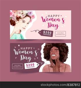 Women day voucher design with flower, women watercolor illustration.  