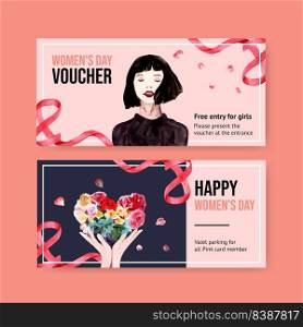 Women day voucher design with woman, flower watercolor illustration.  