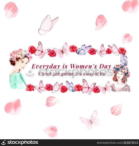 Women day wreath design with butterfly, rose, women watercolor illustration.  