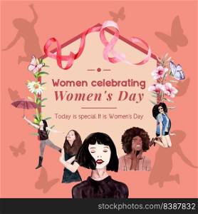 Women day wreath design with flower, women watercolor illustration.  