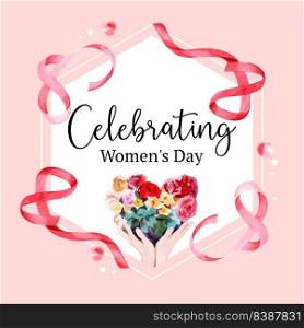 Women day wreath design with ribbons watercolor illustration.  