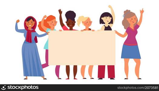Women demonstration. Femmes protest, different cultural female holding placard. Flat protesting people with blank banner decent vector concept. Illustration demonstration protest female. Women demonstration. Femmes protest, different cultural female holding placard. Flat protesting people with blank banner decent vector concept