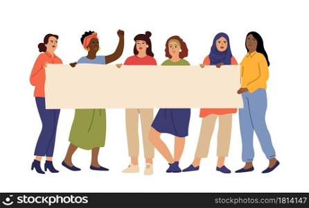 Women demonstration. People holding banner, feminism or protest girl group. Isolated friends standing together, female rights vector concept. Illustration protest and demonstration, banner protester. Women demonstration. People holding banner, feminism or protest girl group. Isolated friends standing together, female rights vector concept