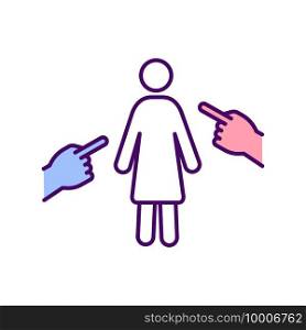 Women discrimination RGB color icon. Victim blaming. Discriminating against and attacking women. Abusive relationships. Emotional harm. Violence against female. Isolated vector illustration. Women discrimination RGB color icon
