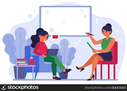 Women discussing new message. Person with laptop ignoring her talk partner flat vector illustration. Communication problem, internet addiction concept for banner, website design or landing web page