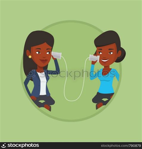 Women discussing something using tin can phone. Woman getting message from friend on tin can phone. Girls talking through tin phone Vector flat design illustration in the circle isolated on background. Young friends talking through tin phone.