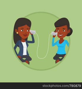 Women discussing something using tin can phone. Woman getting message from friend on tin can phone. Girls talking through tin phone Vector flat design illustration in the circle isolated on background. Young friends talking through tin phone.