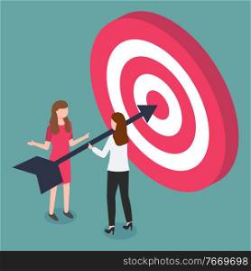 Women discussing working tasks and priorities. Target with arrow in bullseye. Team of workers dealing with setting goals. Aim of project, successful project of teamwork. Vector in isometric style. Coworkers Set Goals and Aiming at Task, Target
