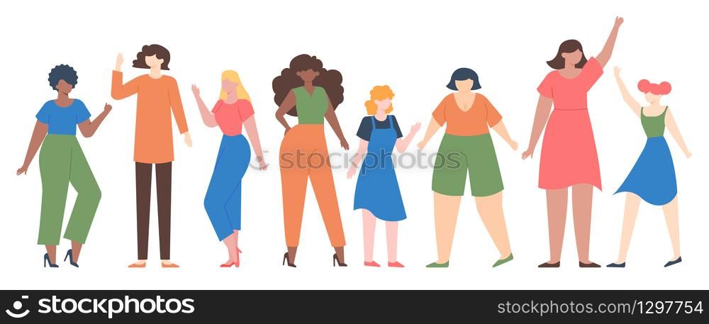 Women diverse. Female group empowerment, girls team with different size and skin color, diverseness sisterhood community vector illustration set. Girl group community, different female. Women diverse. Female group empowerment, girls team with different size and skin color, diverseness sisterhood community vector illustration set