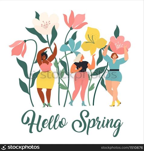 Women diverse of different ethnicity are wonder the huge spring wild flowers. Spring vibes mood. International Women's Day.