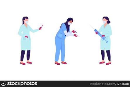 Women doctors with syringes flat color vector faceless character set. Nurse doing drug shot. Vaccination isolated cartoon illustration for web graphic design and animation collection. Women doctors with syringes flat color vector faceless character set