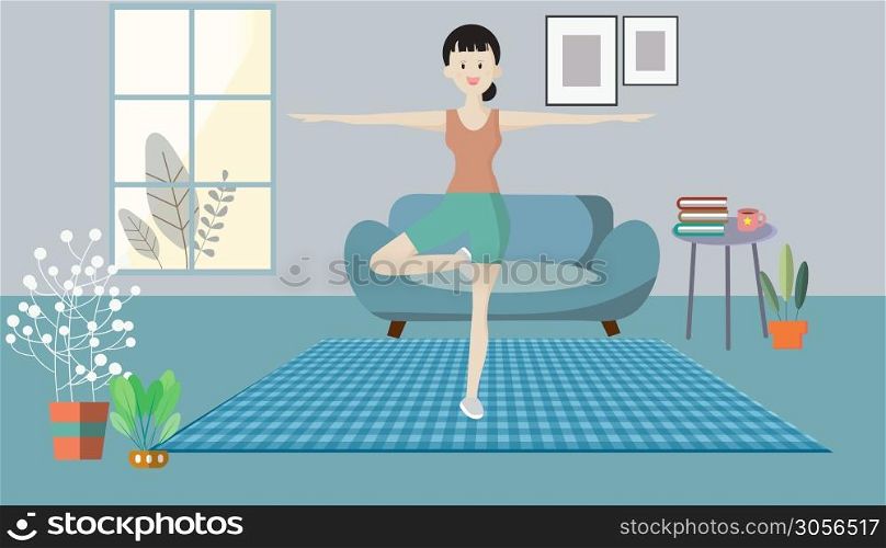 Women doing meditation with yoga exercises. In a quiet room. Stay at home. An awareness campaign for coronavirus prevention. Avoid to the Outside house., Fight Against Covid-19