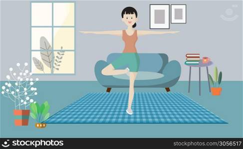 Women doing meditation with yoga exercises. In a quiet room. Stay at home. An awareness campaign for coronavirus prevention. Avoid to the Outside house., Fight Against Covid-19