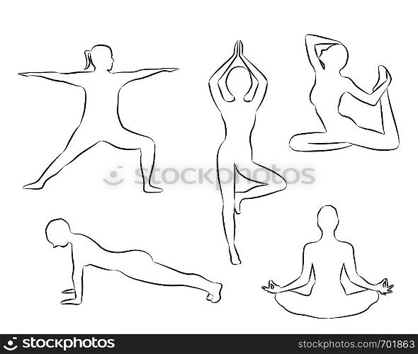 Women doing yoga excercises silhouettes outline vector illustration on a white background isolated. Activity outdoors meditation and relaxation. Active lifestile concept