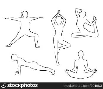 Women doing yoga excercises silhouettes outline vector illustration on a white background isolated. Activity outdoors meditation and relaxation. Active lifestile concept