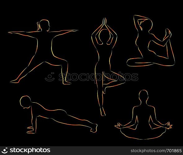 Women doing yoga excercises silhouettes vector illustration on a black background isolated. Activity outdoors meditation and relaxation. Active lifestile concept