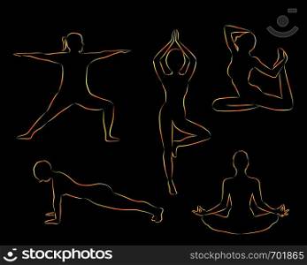 Women doing yoga excercises silhouettes vector illustration on a black background isolated. Activity outdoors meditation and relaxation. Active lifestile concept