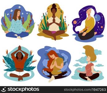 Women doing yoga, ladies practicing and meditating. Female characters in calm state of mind sitting in asana pose. Girls with foliage and decorations, nature and cosmos unity. Vector in flat style. Meditation and yoga, sports and wellbeing vector