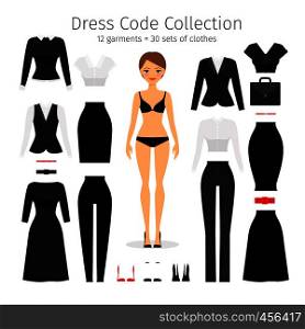 Women dress code set. Woman office worker business dress code collection vector illustration. Women dress code set