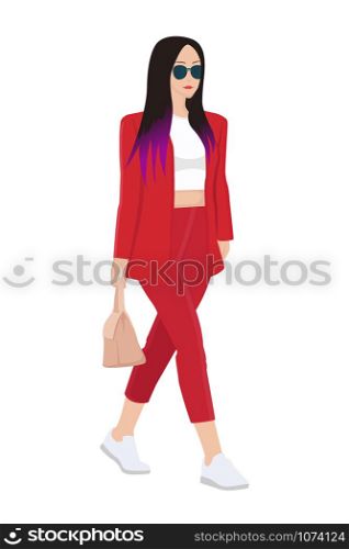 Women dressed in stylish trendy clothes, fashion girls, model wearing modern casual office style - red trouser suit, jacket vector female cartoon characters, vector illustration. Women dressed in stylish trendy clothes - female fashion illustration