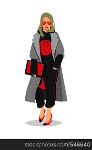 Women dressed in stylish trendy clothes, fashion girls, models wearing modern autumn outfit, female cartoon characters, vector illustration. Women dressed in stylish trendy clothes - female fashion illustration