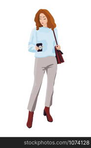 Women dressed in stylish trendy clothes, fashion girls, models wearing modern casual office style - dress, skirts, trouser suits, jackets vector female cartoon characters, vector illustration. Women dressed in stylish trendy clothes - female fashion illustration