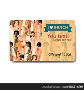 Women dressed in swimsuit. Sale discount gift card. Branding design for swimwear and lingerie shop