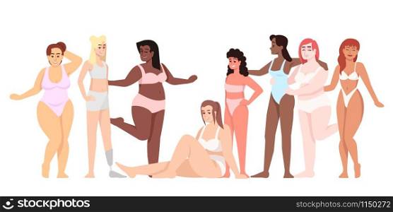 Women dressed in swimsuits flat vector illustration. Body positive. Struggle for equality and feminism. Smiling ladies of different nationalities isolated cartoon character on white background
