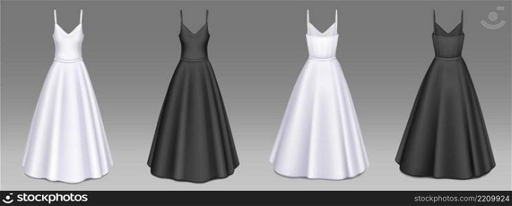Women dresses mockup, white or black long gown templates, summer sleeveless sundresses with wide skirt, girls fashion collection mock up, female garment, apparel, Realistic 3d vector illustration, set. Women dresses mockup, white and black long gowns