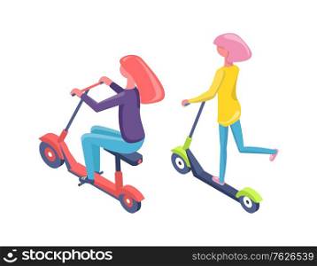 Women driving scooter and bike, people back view on eco transport, urban modern equipment, females character in casual clothes balancing on vehicle vector. Flat cartoon. Females on Scooter and Bike, Eco Transport Vector
