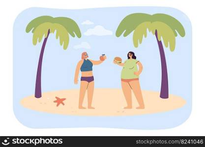 Women eating apple and hamburger on beach. Fit girl with healthy food, her fat friend with fast food flat vector illustration. Healthy lifestyle concept for banner, website design or landing web page