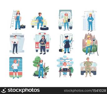 Women employment flat color vector detailed characters set. Gender equality. Non traditional female profession isolated cartoon illustration for web graphic design and animation. Women employment flat color vector detailed characters set