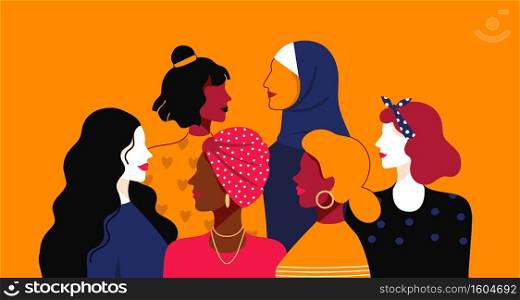 Women empowerment. Cartoon young people of different nationalities and religions. Female power community, happy sisterhood union. Solidarity team and friendly support, vector minimalist illustration. Women empowerment. Cartoon people of different nationalities and religions. Female power community, sisterhood union. Solidarity team and friendly support, vector minimalist illustration