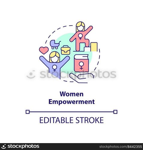 Women empowerment concept icon. Society development. Solution to overpopulation abstract idea thin line illustration. Isolated outline drawing. Editable stroke. Arial, Myriad Pro-Bold fonts used. Women empowerment concept icon