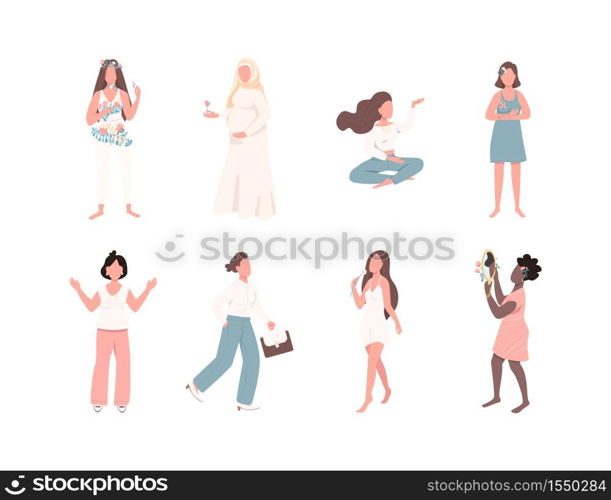Women empowerment flat color vector faceless character set. African girl with mirror. Muslim mother. Female health care isolated cartoon illustration for web graphic design and animation collection. Women empowerment flat color vector faceless character set