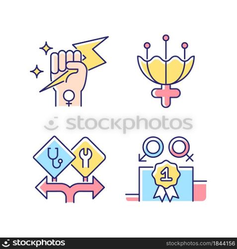 Women empowerment RGB color icons set. Female authority. Femininity attribute. Career option for girls. Enjoy equal rewards. Isolated vector illustrations. Simple filled line drawings collection. Women empowerment RGB color icons set