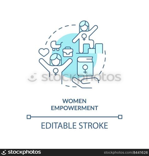 Women empowerment turquoise concept icon. Feminism. Solution to overpopulation abstract idea thin line illustration. Isolated outline drawing. Editable stroke. Arial, Myriad Pro-Bold fonts used. Women empowerment turquoise concept icon