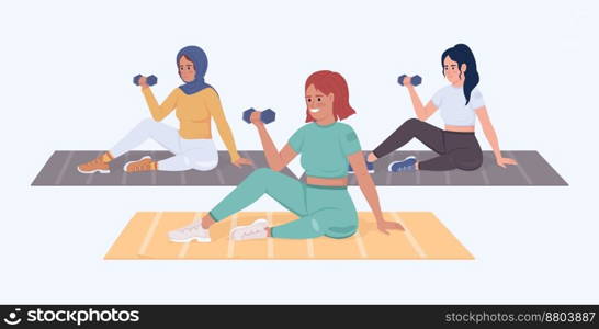 Women exercising in gym semi flat color vector character. Editable figure. Full body people on white. Training session simple cartoon style illustration for web graphic design and animation. Women exercising in gym semi flat color vector character
