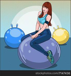 Women exercising with ball balloons fun and happy Illustration vector On pop art comics style Abstract dot colorful wall background