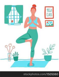 Women exercising yoga at home flat color vector. Stay at home yoga meditation practice cartoon.. Women exercising yoga at home flat color trend vector. Stay at home yoga meditation practice cartoon style. Exercise workout background. Healthy lifestyle morning fitness activities pictures.