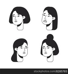 Women expressing disappointment monochromatic flat vector character faces pack. Black and white avatar icons. Editable cartoon user portraits. Hand drawn spot illustrations for web graphic design. Women expressing disappointment monochromatic flat vector character faces pack