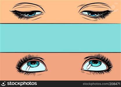 women eyes look up and down. Pop art retro vector illustration vintage kitsch. women eyes look up and down