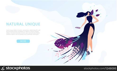 Women Fashion and Beauty Product Flat Vector Web Banner with Lady in Long Evening Dress Covered Leaves Illustration. Stylish Unique Clothing from Organic Natural Materials Manufacturer Landing Page